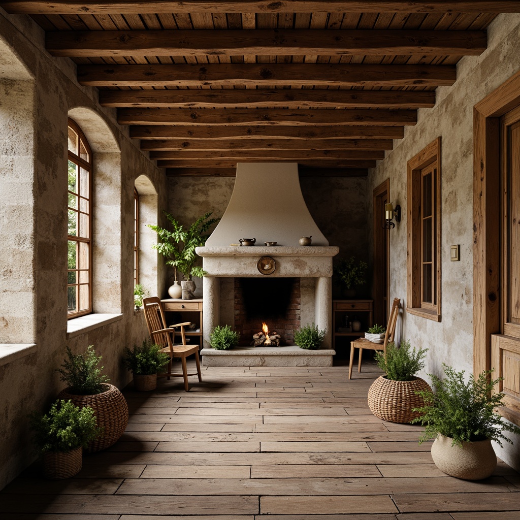 Prompt: Vintage farmhouse, distressed wood textures, natural stone walls, earthy color palette, rustic metal accents, wooden beams, plank flooring, cozy fireplace, woven baskets, potted greenery, soft warm lighting, shallow depth of field, 1/1 composition, intimate close-up shots, realistic weathered surfaces, ambient occlusion.