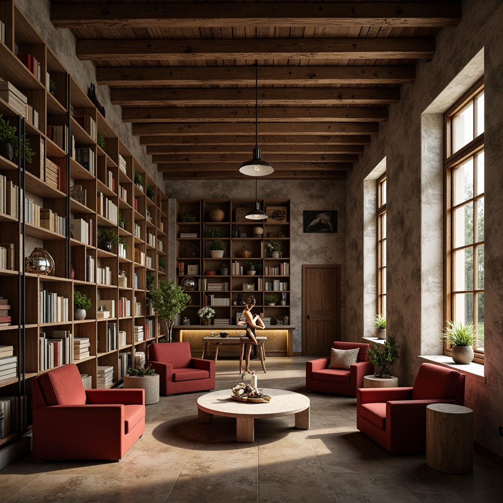 Prompt: Rustic farmhouse library, reclaimed wood shelves, vintage metal brackets, distressed wooden ladders, woven basket storage, earthy color palette, natural stone walls, exposed beam ceiling, cozy reading nooks, plush velvet armchairs, warm candle lighting, shallow depth of field, 1/1 composition, soft focus blur, realistic textures, ambient occlusion.