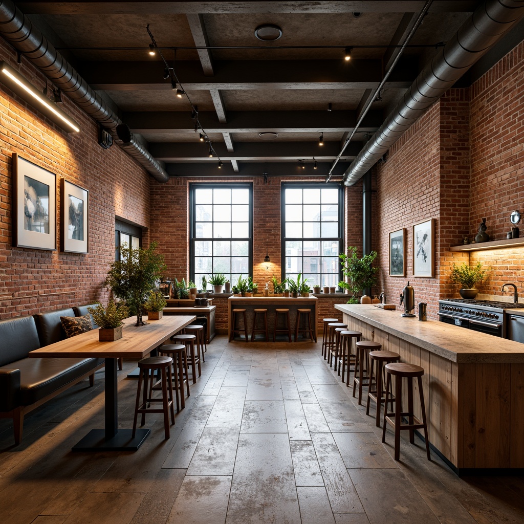 Prompt: Exposed brick walls, rustic metal beams, distressed wooden floors, industrial-style lighting fixtures, vintage factory windows, reclaimed wood accents, earthy color palette, urban loft atmosphere, worn concrete surfaces, minimalist decor, functional piping systems, modern art installations, natural stone countertops, high ceilings, open-plan layout, warm softbox lighting, 1/1 composition, shallow depth of field.