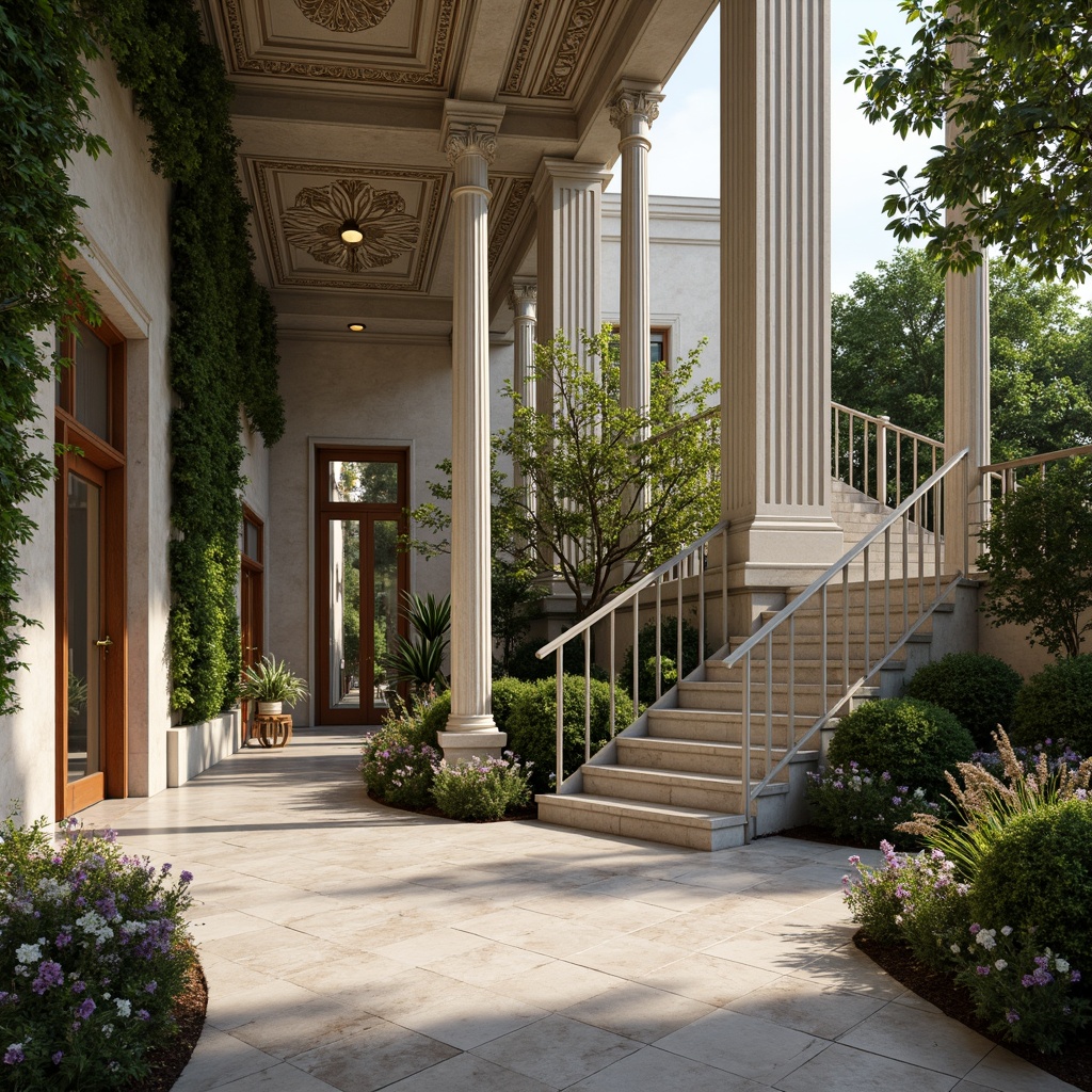 Prompt: Elegant neoclassical facade, ornate columns, lavish stone carvings, intricately patterned marble floors, lush green walls, overflowing flower boxes, delicate vines, natural light filtering through foliage, grand entranceways, sweeping staircases, refined wooden accents, subtle gold detailing, serene atmosphere, warm soft lighting, shallow depth of field, 1/1 composition, realistic textures, ambient occlusion.