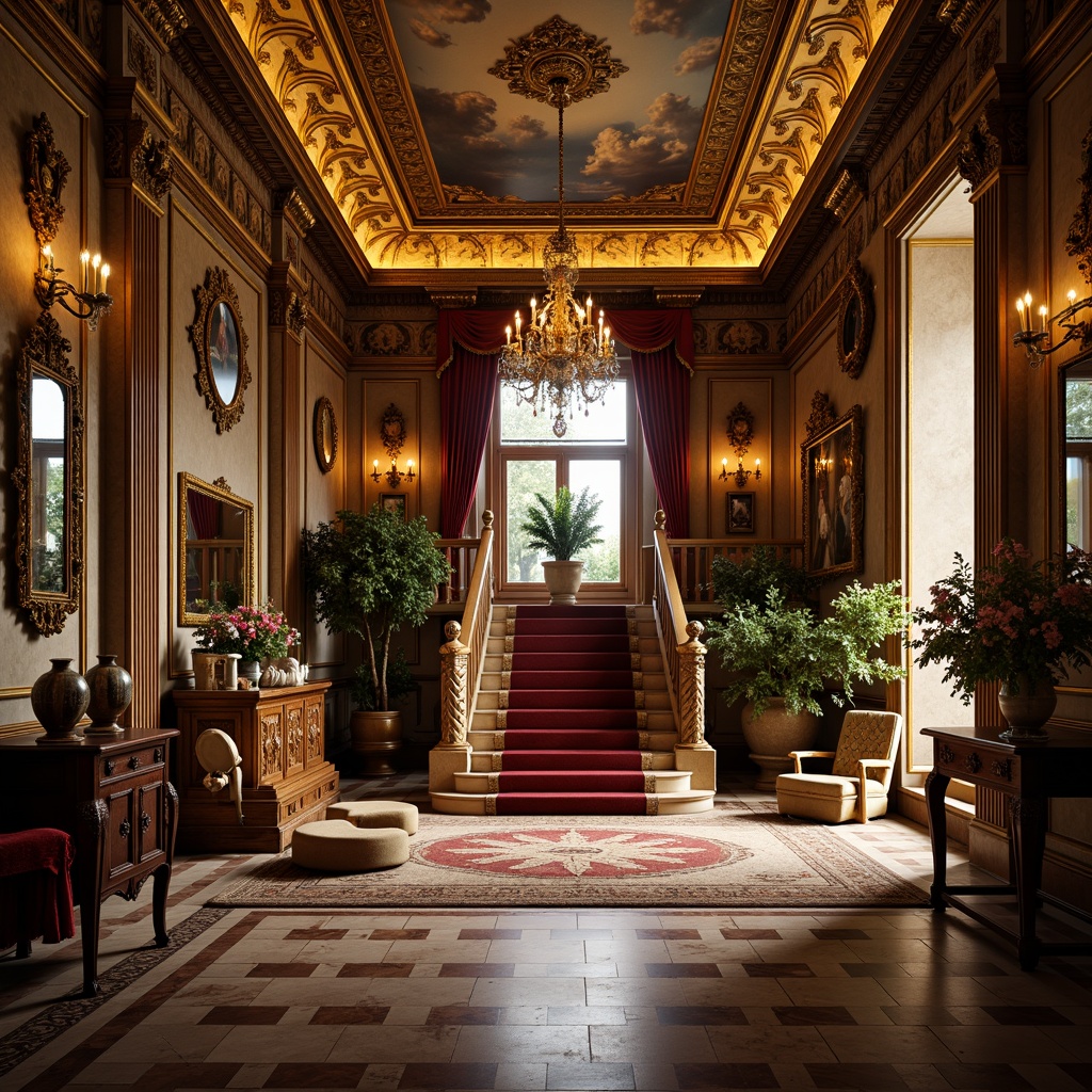 Prompt: Ornate golden frames, intricate carvings, lavish furnishings, rich velvet fabrics, gilded mirrors, crystal chandeliers, ornamental moldings, grand staircases, majestic columns, decorative frescoes, elaborate tapestries, luxurious marble floors, dramatic lighting effects, warm ambient glow, shallow depth of field, 1/2 composition, realistic textures, ambient occlusion.