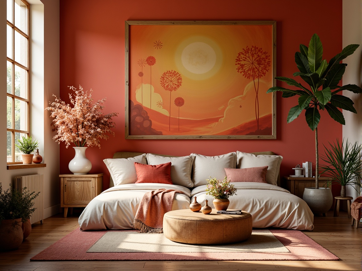 Prompt: Vibrant persimmon orange, rich burnt sienna, deep crimson red, warm golden yellow, soft peach tones, subtle coral pink, earthy terracotta, natural linen whites, rustic wooden textures, organic botanical patterns, whimsical floral arrangements, eclectic bohemian decor, cozy intimate ambiance, soft warm lighting, shallow depth of field, 1/1 composition, realistic renderings, ambient occlusion.