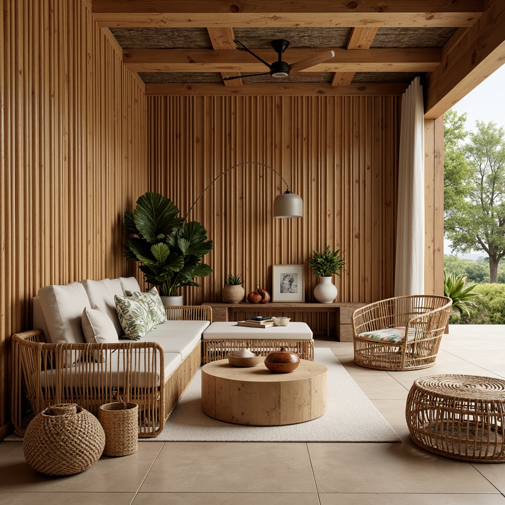 Prompt: Natural bamboo walls, woven bamboo furniture, earthy tone fabrics, rattan coffee tables, woven sea grass chairs, tropical leaf patterns, organic shapes, minimalist decor, natural textiles, wicker baskets, eco-friendly materials, sustainable design, warm ambient lighting, soft diffused shadows, 1/1 composition, realistic wood textures, subtle color palette.