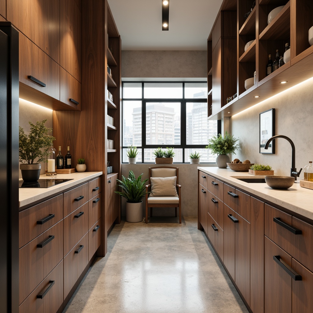 Prompt: Sleek modern pantry, streamlined cabinetry, soft-close drawers, matte black hardware, minimalist chrome accents, warm beige countertops, rich walnut wood tones, creamy white walls, industrial-style lighting fixtures, polished concrete floors, urban loft ambiance, natural daylight filtering, softbox lighting, 1/2 composition, shallow depth of field, realistic reflections.