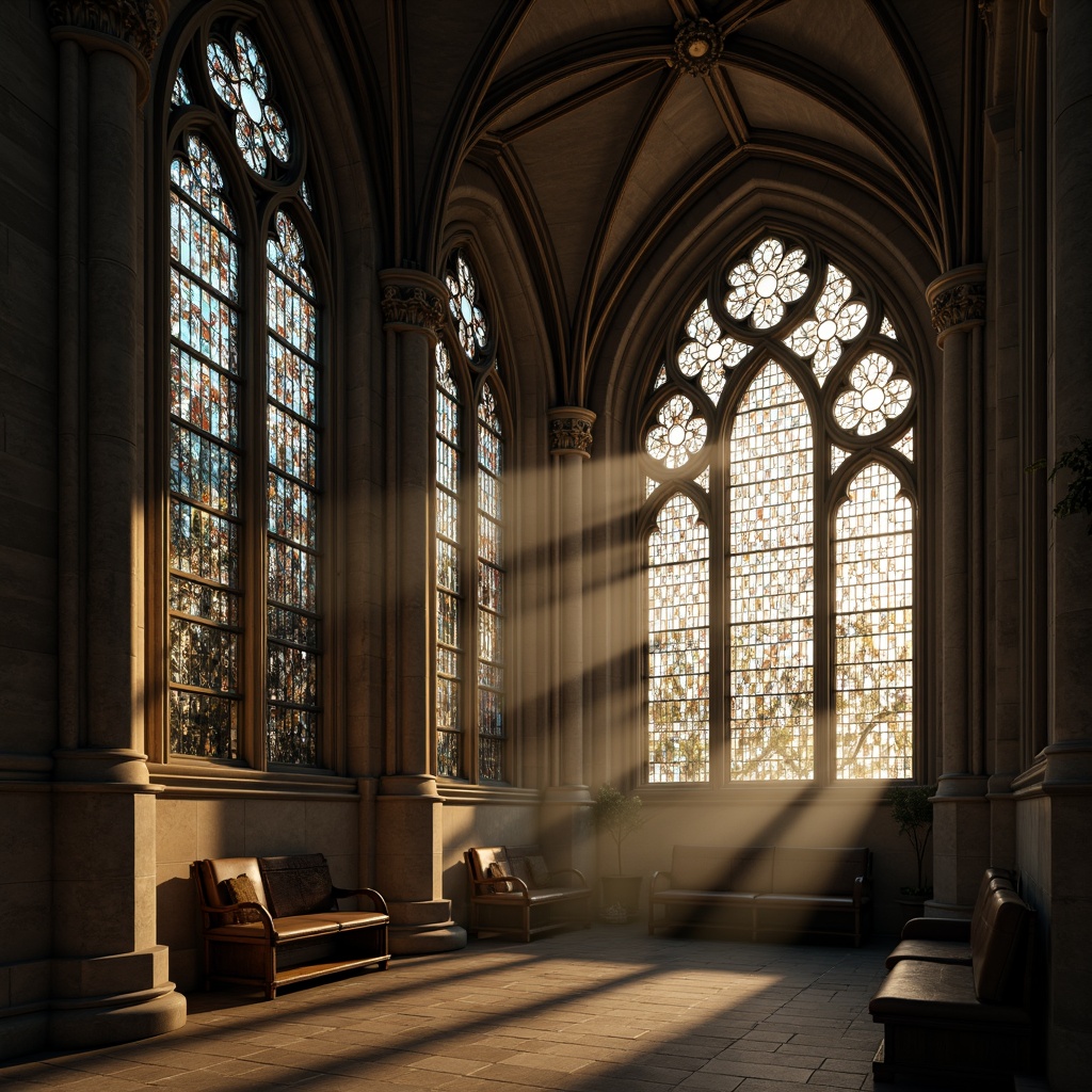 Prompt: Ornate Gothic windows, intricate stone carvings, stained glass patterns, majestic cathedral architecture, grandiose pointed arches, ribbed vaults, flying buttresses, ornamental pinnacles, mystical ambiance, soft warm lighting, dramatic shading, high contrast ratio, cinematic composition, 1/2 frame ratio, atmospheric fog, misty morning light.