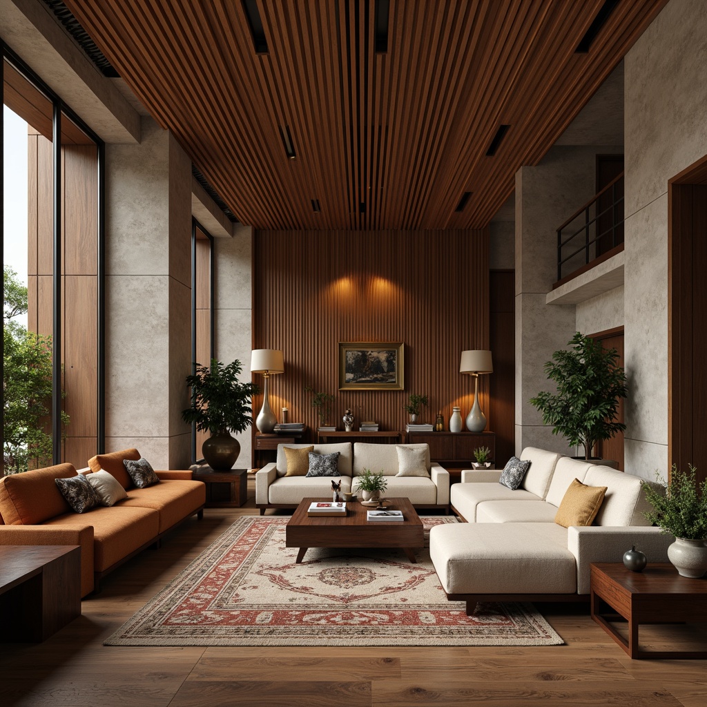 Prompt: Luxurious living room, rich wood grain textures, velvety soft upholstery, natural stone walls, polished marble countertops, metallic accents, intricate patterned rugs, warm ambient lighting, shallow depth of field, 3/4 composition, realistic reflections, soft focus, inviting atmosphere.