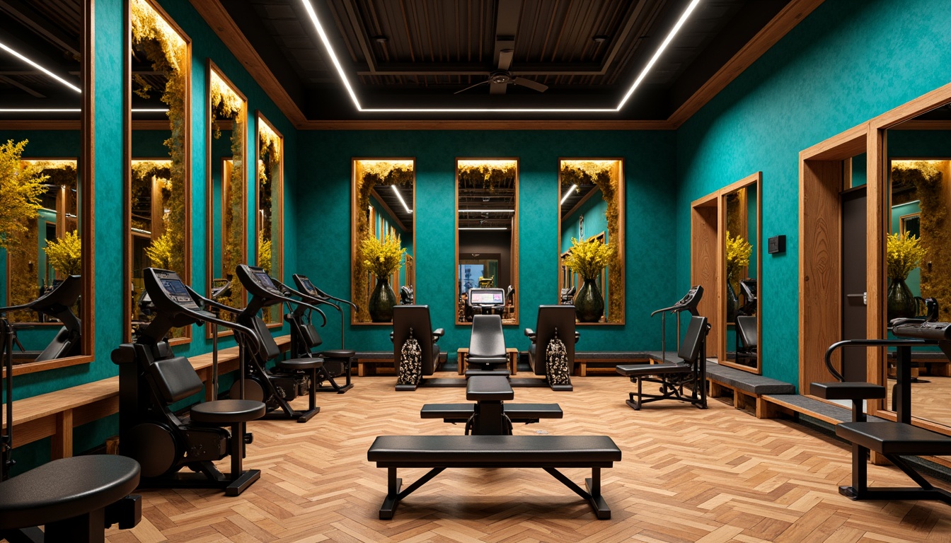 Prompt: Luxurious fitness studio, metallic accents, bold geometric patterns, vibrant turquoise walls, rich walnut wood flooring, ornate mirrors, chrome-plated equipment, glossy black surfaces, sophisticated neutral tones, warm golden lighting, high-contrast shadows, dramatic spotlights, 1/1 composition, cinematic atmosphere, detailed textures, realistic reflections.