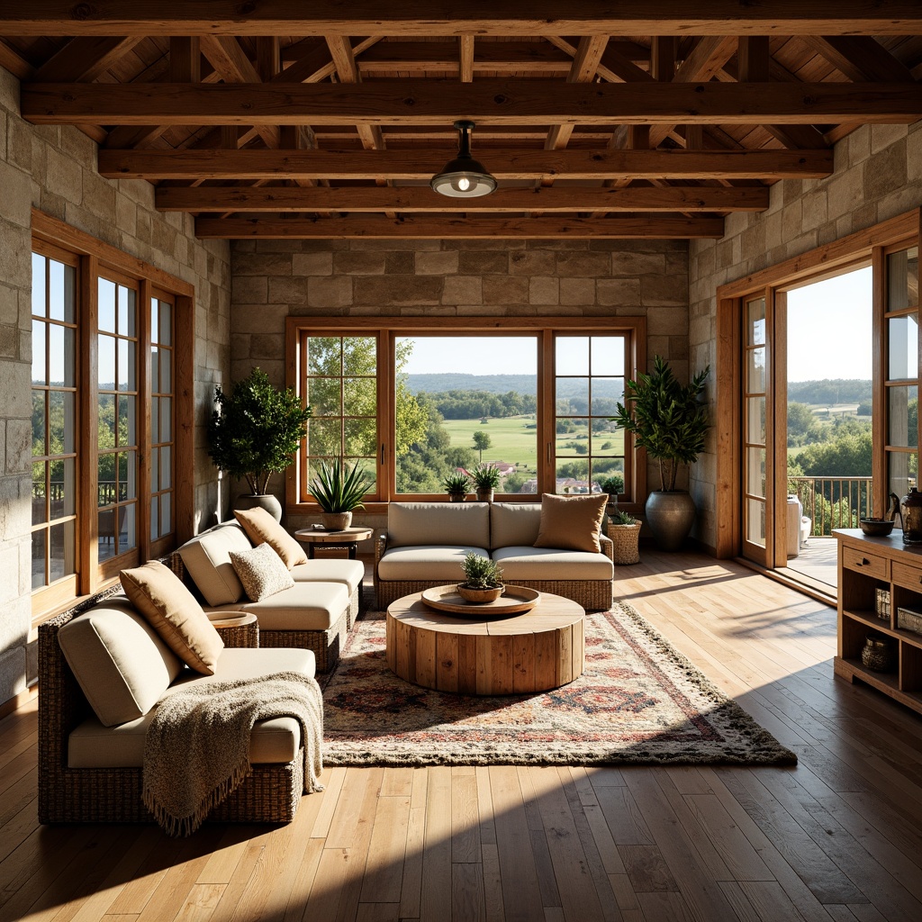 Prompt: Rustic farmhouse, open layout, wooden beams, natural stone walls, earthy color palette, vintage decor, distressed wood furniture, plush throw blankets, potted plants, large windows, sliding glass doors, countryside views, sunny afternoon, soft warm lighting, shallow depth of field, 1/1 composition, realistic textures, ambient occlusion.