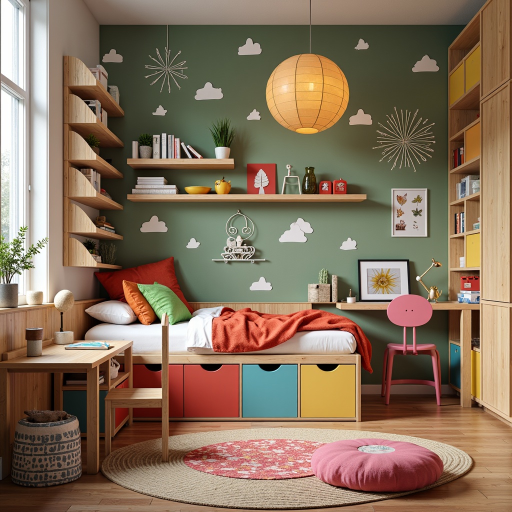 Prompt: Whimsical kids' bedroom, vibrant color palette, playful furniture shapes, sturdy wooden frames, soft cushioning, rounded edges, safety features, interactive storage units, educational wall decals, fantastical lighting fixtures, cozy reading nooks, plush area rugs, built-in shelves, modular bookcases, curved desk designs, ergonomic chairs, bold patterned fabrics, stimulating textures, 1/1 composition, warm softbox lighting, shallow depth of field.