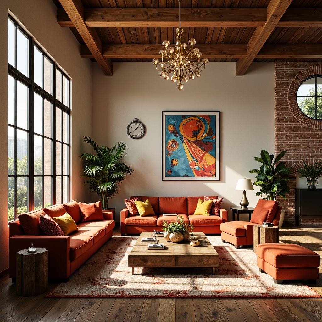 Prompt: Vibrant modern interior, spacious open-plan living area, warm natural light, rich wooden flooring, soft creamy walls, bold accent colors, luxurious velvet furniture, metallic gold decor, elegant crystal chandeliers, refreshing greenery, industrial-chic exposed brick, eclectic global-inspired textiles, moody atmospheric lighting, cinematic shadows, 1/1 composition, shallow depth of field, realistic reflections.