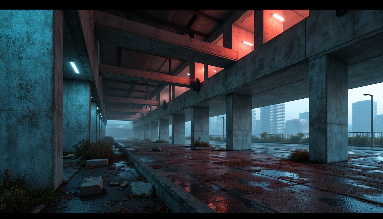 Prompt: Exposed concrete structures, industrial aesthetic, rugged textures, dramatic shadows, harsh contrasts, bold color schemes, neon accents, futuristic ambiance, urban landscape, cityscape views, moody atmospheric lighting, high-contrast ratios, intense focal points, cinematic compositions, 1/2 camera angles, low-key lighting, mysterious ambiance, brutalist architectural elements, raw materials, unfinished surfaces, industrial chic decor, avant-garde art pieces.