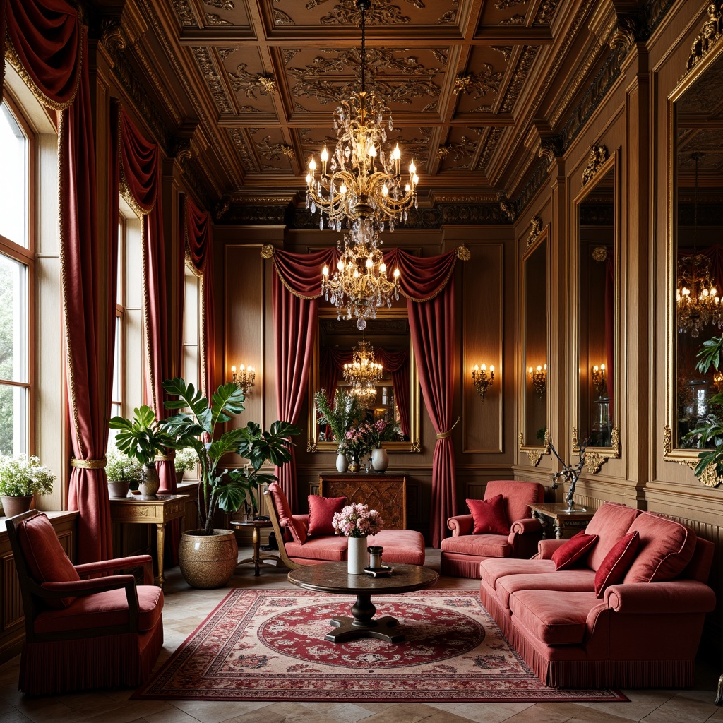 Prompt: Opulent Baroque interior, lavish furnishings, intricately carved wood, gilded frames, velvet upholstery, ornate mirrors, crystal chandeliers, grandiose drapery, rich jewel-toned colors, luxurious fabrics, curved lines, sculptural details, regal atmosphere, soft warm lighting, high ceilings, marble floors, antique pieces, dramatic archways.