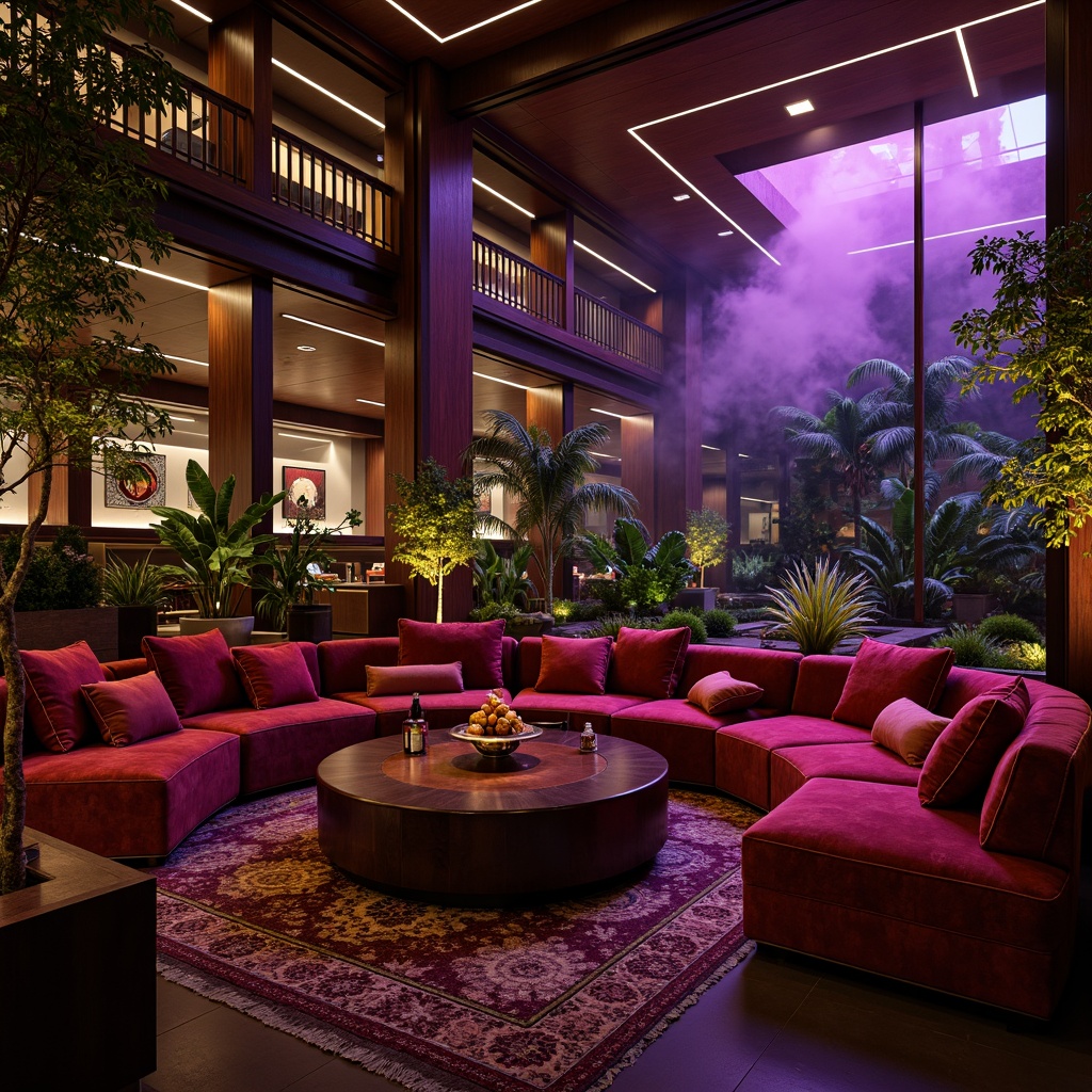 Prompt: Luxurious velvet sofas, ornate wooden chairs, lacquered tables, bronze decorative accents, intimate VIP areas, plush carpets, vibrant neon lights, dark wood paneling, exotic plants, water features, tranquil koi ponds, subtle ambient lighting, 1/1 composition, shallow depth of field, cinematic color grading, atmospheric smoke effects.