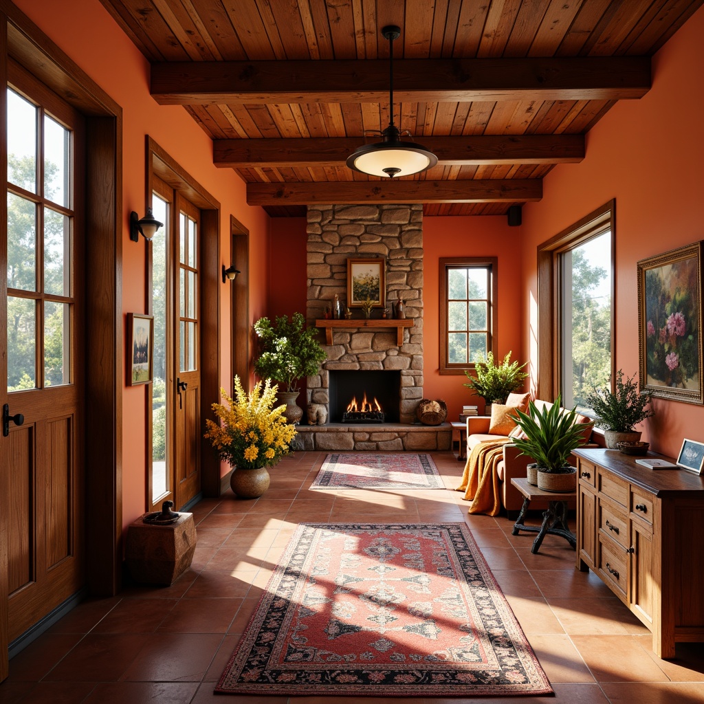 Prompt: Warm and inviting hall, Craftsman style interior, orange-red accent walls, natural wood tones, earthy terracotta flooring, plush area rugs, comfortable furnishings, soft warm lighting, cozy reading nooks, built-in wooden cabinetry, ornate metalwork, rustic decorative accents, richly textured fabrics, autumnal color scheme, vibrant pops of citrus yellow, deep burnt orange, rich crimson red, natural stone fireplace, wooden ceiling beams, panoramic windows, blooming plants, sunny afternoon, shallow depth of field, 3/4 composition, realistic textures, ambient occlusion.