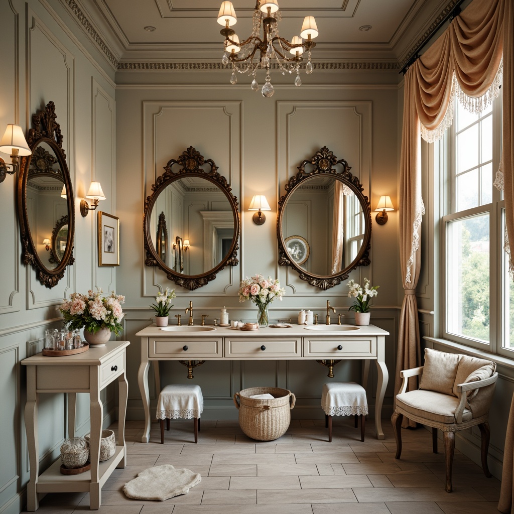 Prompt: Whimsical powder room, distressed finishes, soft pastel hues, ornate mirrors, delicate florals, velvet drapes, antique furniture, intricate carvings, lace trimmings, porcelain vases, feminine accessories, vintage perfume bottles, crystal chandeliers, warm candlelight, 1/1 composition, shallow depth of field, romantic atmosphere, elegant textures, soft focus.