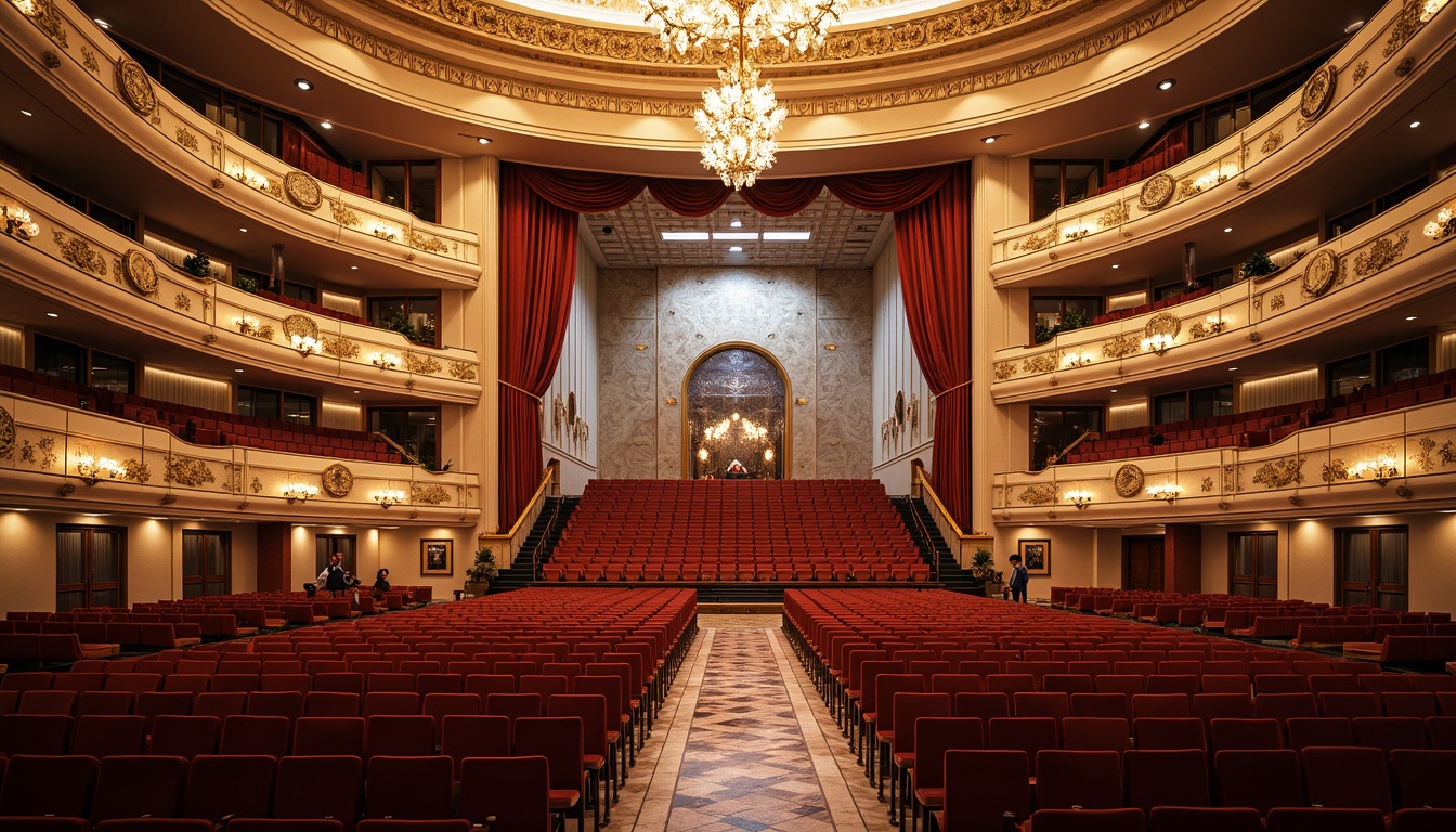 Prompt: Luxurious opera house interior, grand staircase, sweeping curves, ornate chandeliers, opulent red velvet seats, gold leaf accents, intricate moldings, majestic high ceilings, crystal glass doors, transparent floor-to-ceiling windows, shimmering glass mosaics, delicate filigree patterns, soft warm lighting, dramatic spotlights, 1/1 composition, symmetrical framing, elegant reflections, realistic textures, ambient occlusion.