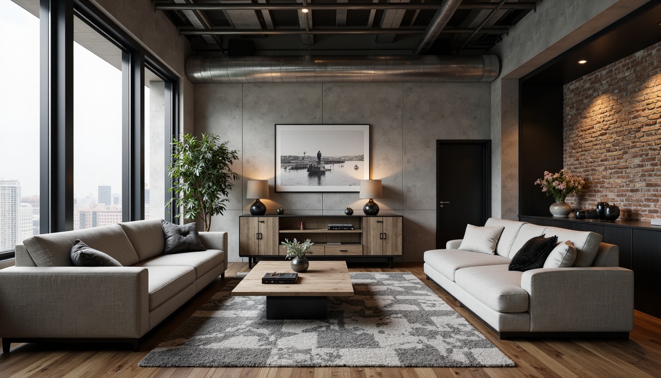 Prompt: Monochromatic interior, sleek furniture, subtle color accents, bold artwork, statement lighting fixtures, textured rugs, natural materials, industrial chic, urban loft, concrete walls, polished wooden floors, geometric patterns, accent walls, warm ambient lighting, shallow depth of field, 1/1 composition, realistic textures, ambient occlusion.