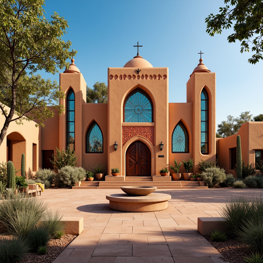 Prompt: Vibrant stained glass windows, southwestern church architecture, warm desert colors, turquoise accents, geometric patterns, Native American-inspired designs, bold red and orange hues, intricate details, ornate facades, rustic wooden doors, adobe-style buildings, arid landscape surroundings, cacti and succulents, bright blue skies, warm sunny days, soft diffused lighting, shallow depth of field, 1/1 composition, realistic textures, ambient occlusion.