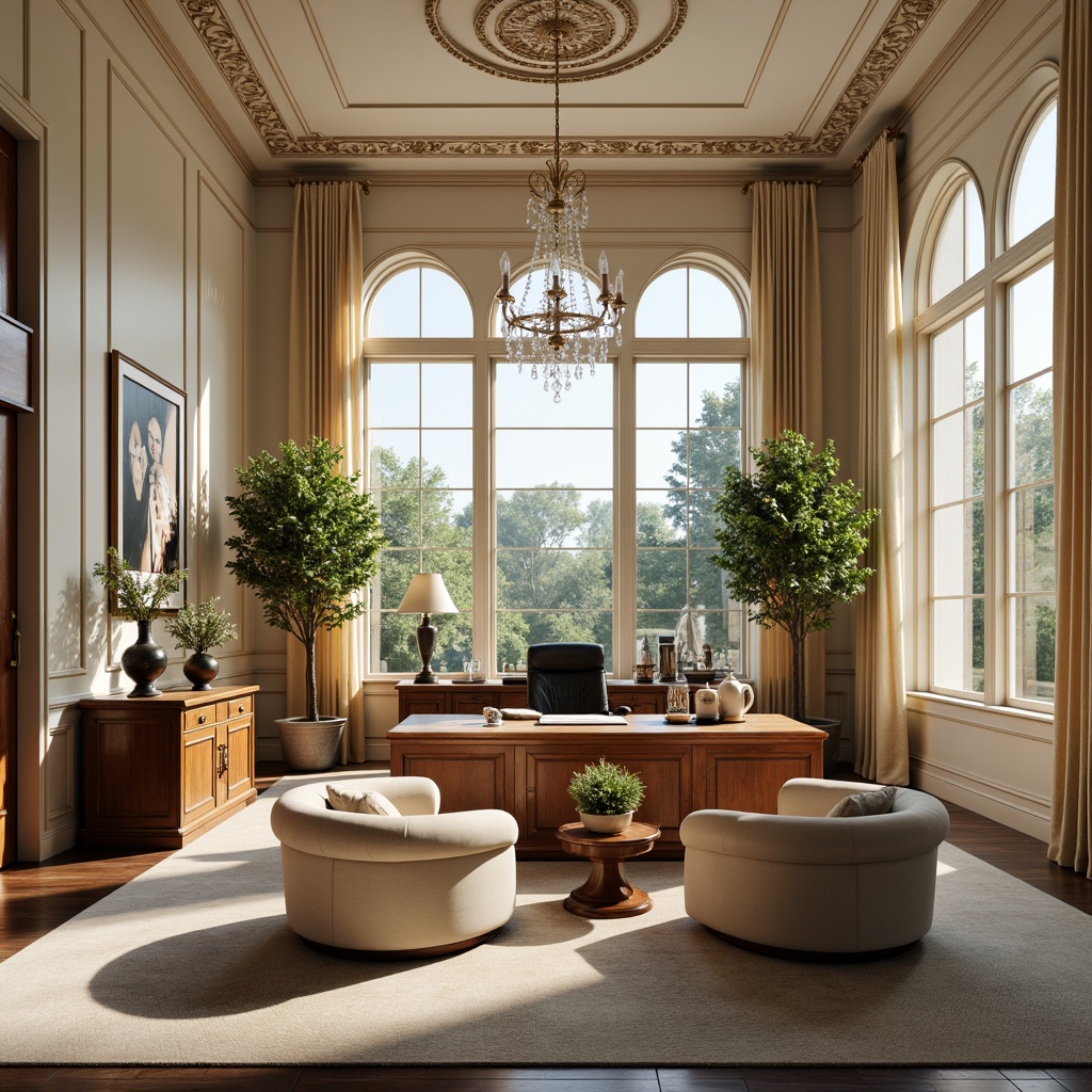 Prompt: Elegant home office, neoclassical architecture, rich wood tones, creamy whites, warm beige, soft grays, ornate moldings, intricate carvings, luxurious fabrics, tufted leather chairs, polished brass fixtures, crystal chandeliers, subtle texture contrasts, classic proportion ratios, harmonious symmetry, afternoon sunlight, soft warm glow, shallow depth of field, 1/2 composition, realistic reflections, ambient occlusion.