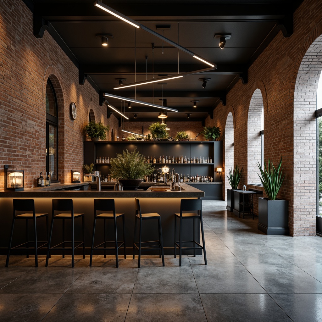 Prompt: Minimalist home bar, industrial-style lighting fixtures, exposed brick walls, polished concrete floors, sleek metal stools, geometric-shaped bar countertops, monochromatic color scheme, dramatic high ceilings, suspended linear light installations, warm ambient glow, cinematic shadows, 1/1 composition, low-key lighting, realistic textures, subtle reflections.