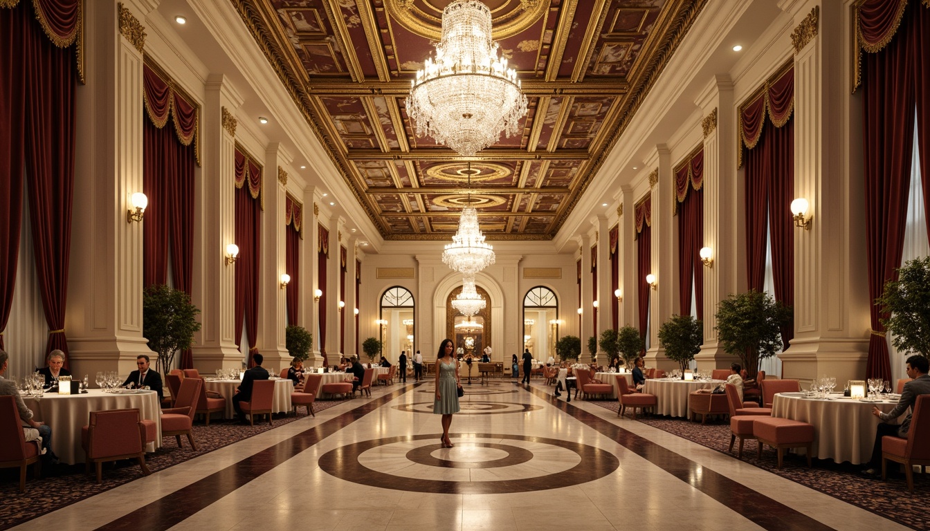 Prompt: Elegant dining hall, high ceilings, crystal chandeliers, marble floors, ornate columns, intricate moldings, velvet drapes, luxurious fabrics, golden accents, soft warm lighting, shallow depth of field, 1/1 composition, realistic textures, ambient occlusion, neoclassical architectural style, symmetrical layout, grand entrance, opulent furnishings, lavish decor, formal atmosphere, refined elegance.