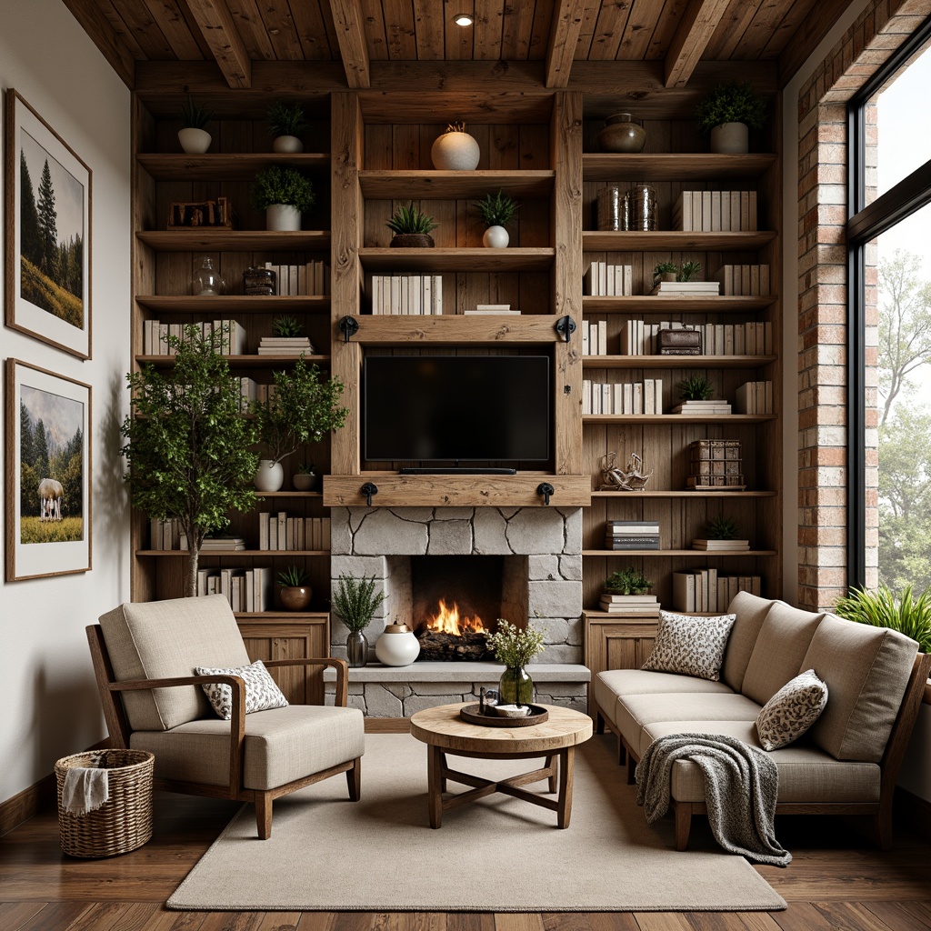 Prompt: Rustic wooden bookshelves, reclaimed barn wood, vintage metal brackets, distressed finishes, cozy reading nooks, plush armchairs, natural stone fireplaces, exposed brick walls, modern farmhouse architecture, large windows, soft warm lighting, shallow depth of field, 3/4 composition, panoramic view, realistic textures, ambient occlusion, earthy color palette, woven baskets, potted plants, nature-inspired decor, eclectic mix of vintage and modern furniture.