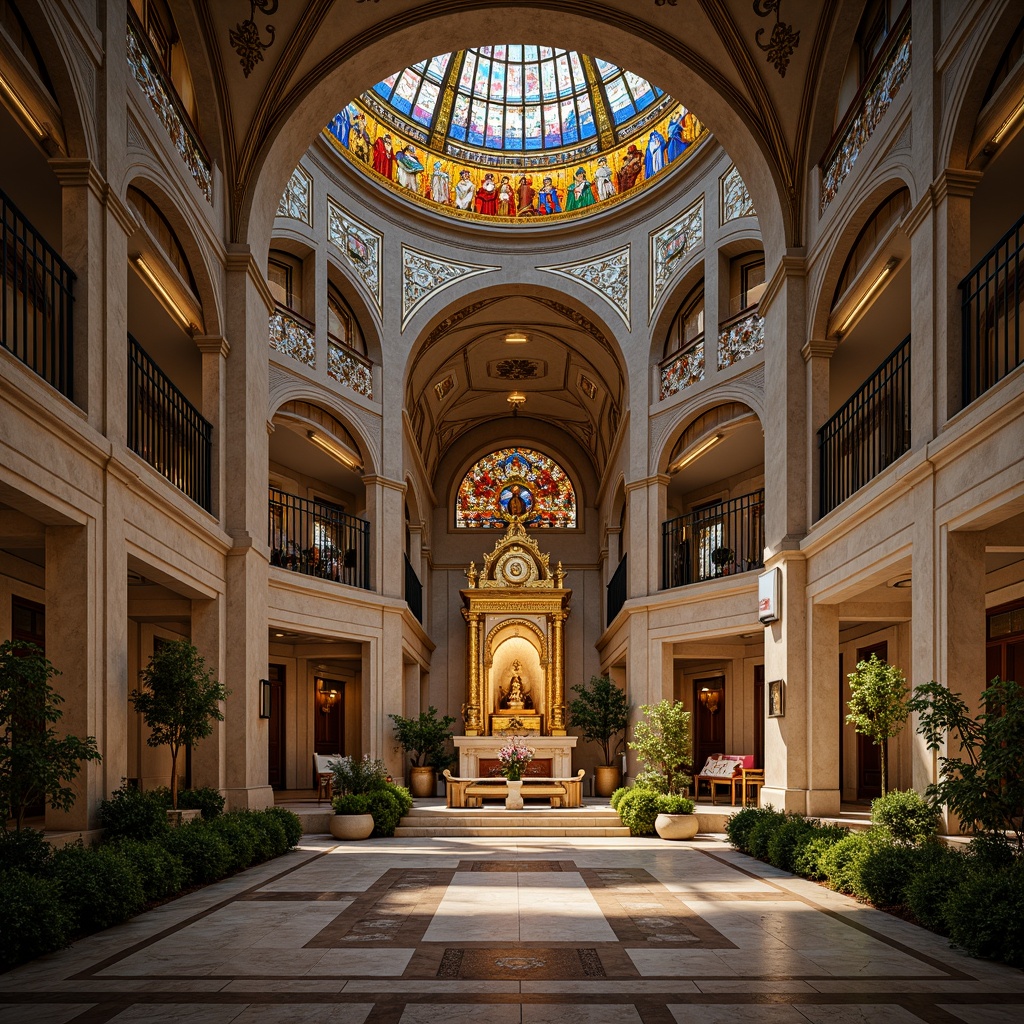 Prompt: Sacred temple, grand dome, intricate arches, ornate columns, lavish furnishings, golden accents, vibrant stained glass windows, majestic altar, serene ambiance, soft warm lighting, shallow depth of field, 3/4 composition, panoramic view, realistic textures, ambient occlusion, peaceful courtyard, lush greenery, tranquil water features, symmetrical layout, harmonious proportions, spiritual artifacts, devotional statues, ornate frescoes, elaborate mosaics.