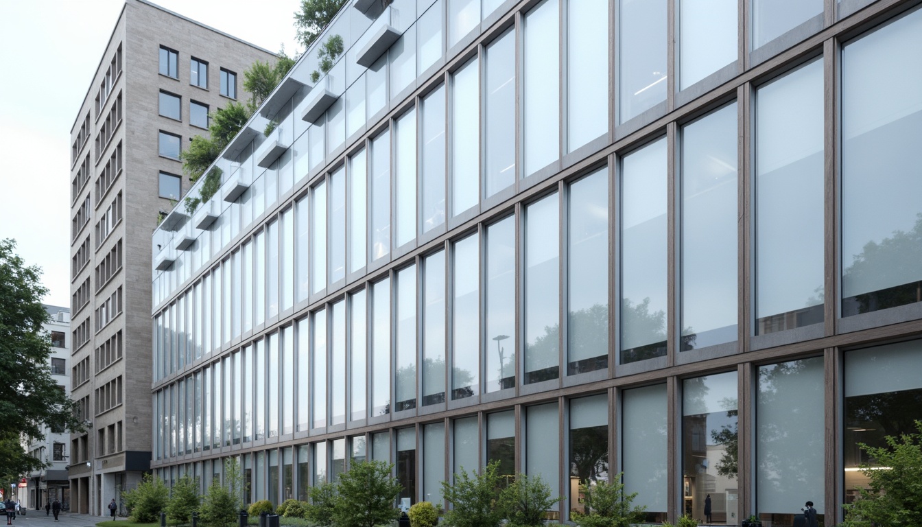 Prompt: Polycarbonate building facade, translucent panels, frosted glass windows, sleek modern architecture, sustainable materials, eco-friendly design, urban cityscape, cloudy sky, soft natural lighting, shallow depth of field, 1/1 composition, realistic reflections, ambient occlusion.