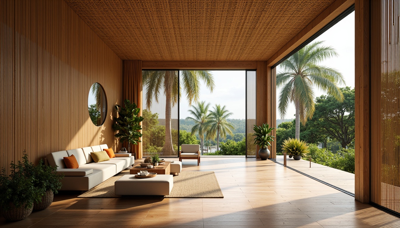 Prompt: Minimalist bamboo house, natural ventilation, open plan living area, floor-to-ceiling windows, sliding glass doors, organic curves, sustainable materials, eco-friendly furniture, woven bamboo walls, rattan accents, tropical plants, warm wooden floors, soft diffused lighting, shallow depth of field, 3/4 composition, panoramic view, realistic textures, ambient occlusion.