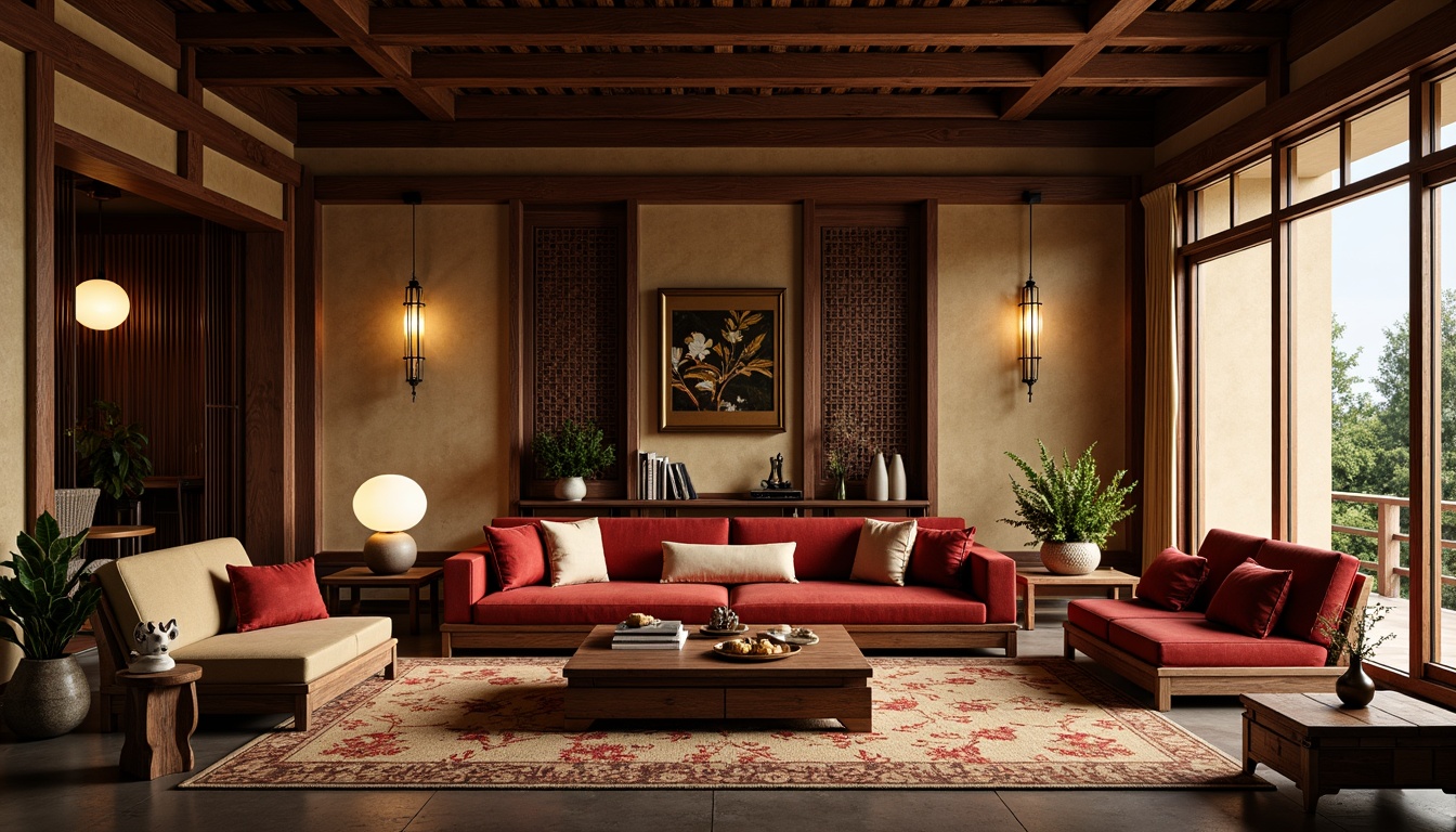 Prompt: Luxurious Asian-style living room, intricately carved wooden furniture, rich velvet upholstery, vibrant silk fabrics, ornate lanterns, traditional tatami mats, sliding shoji screens, natural bamboo accents, subtle rice paper textures, warm ambient lighting, soft focused spotlighting, 1/1 composition, intimate atmosphere, elegant minimalism, cultural heritage inspiration.