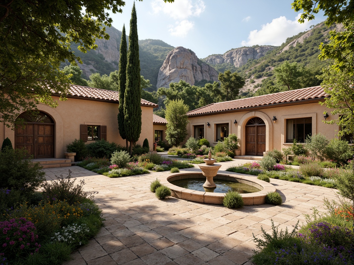 Prompt: Serene monastery courtyard, lush greenery, vibrant flowers, rustic stone walls, terra cotta roofs, ornate fountains, tranquil water features, meandering pathways, Mediterranean cypress trees, olive groves, sunny day, soft warm lighting, shallow depth of field, 3/4 composition, panoramic view, realistic textures, ambient occlusion, natural rock formations, weathered wooden doors, intricately carved stonework, arched windows, ornate ironwork, rustic stone benches.