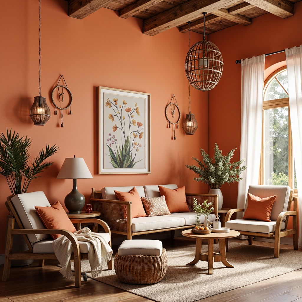 Prompt: Vibrant persimmon hues, warm orange tones, soft peach accents, rich terracotta shades, earthy brown undertones, whimsical watercolor textures, delicate ink illustrations, intricate botanical patterns, natural linen fabrics, woven wicker furniture, rustic wooden accents, eclectic global-inspired decor, bohemian chic atmosphere, cozy intimate lighting, shallow depth of field, 1/1 composition, realistic rendering.