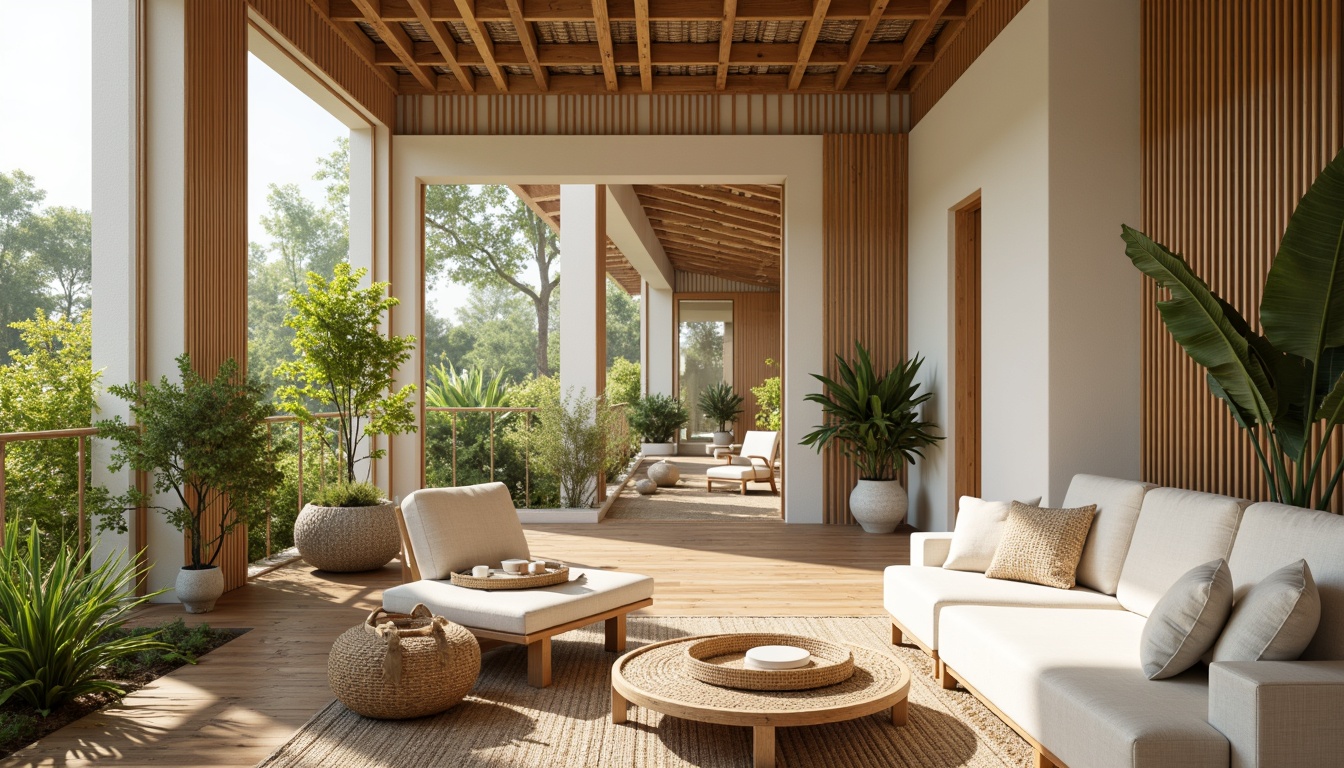 Prompt: Natural bamboo textures, earthy tone palette, soothing green hues, creamy whites, warm beige accents, organic patterns, minimal ornamentation, sleek modern lines, sustainable eco-friendly materials, abundant natural light, airy open spaces, tropical plants, woven rattan furniture, jute rugs, soft warm lighting, shallow depth of field, 1/2 composition, realistic textures, ambient occlusion.