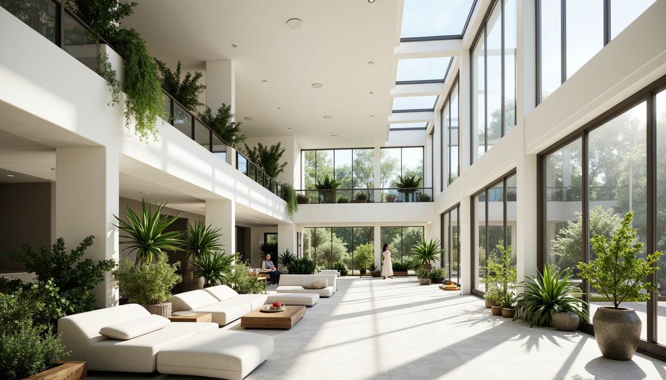 Prompt: Spacious open floor plan, floor-to-ceiling windows, clerestory rooflights, skylights, transparent glass walls, reflective white surfaces, minimal obstruction, airy atmosphere, green roofs, living walls, lush indoor plants, natural ventilation systems, passive solar design, thermal mass materials, radiant heating systems, large overhangs, shaded outdoor spaces, warm sunny day, soft diffused lighting, high contrast ratio, 1/1 composition, realistic textures, ambient occlusion.