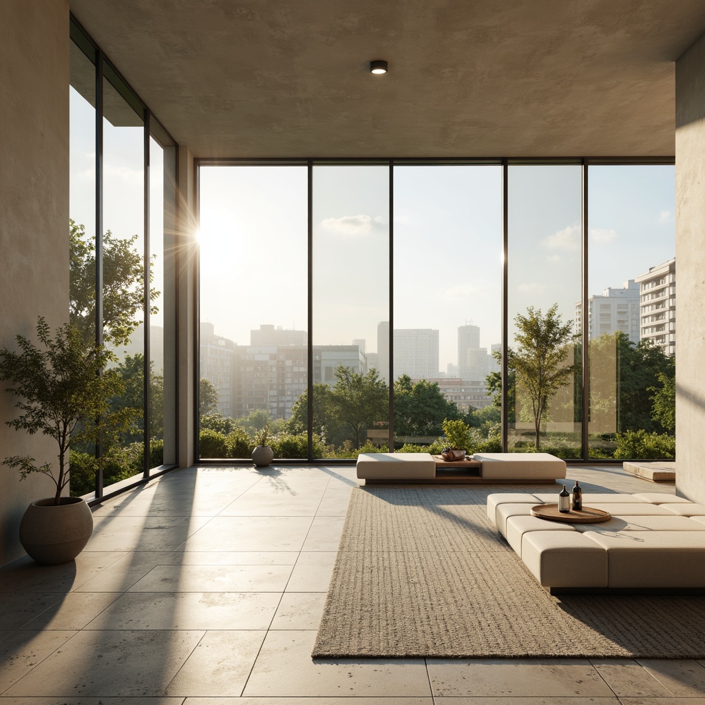 Prompt: Minimalist interior, large windows, sliding glass doors, natural stone flooring, white walls, low-profile furniture, hidden lighting systems, soft warm glow, abundant natural light, greenery views, urban cityscape, morning sunlight, gentle shadows, 1/1 composition, shallow depth of field, realistic textures, ambient occlusion.