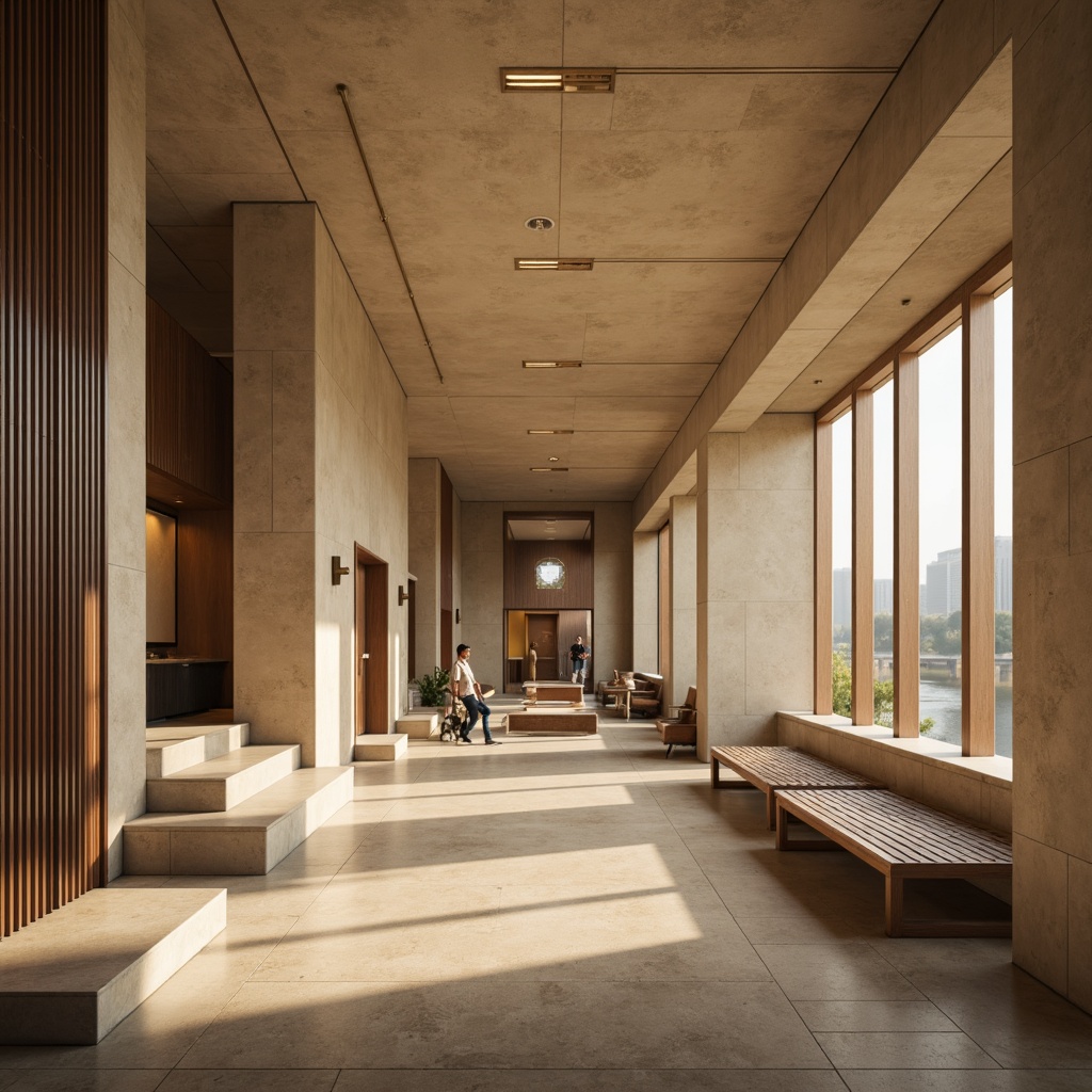 Prompt: Solemn memorial center, calming neutral tones, soft warm beige walls, dark wood accents, subtle bronze fixtures, muted earthy colors, natural stone flooring, solemn ambiance, respectful atmosphere, gentle diffused lighting, 1/1 composition, shallow depth of field, realistic textures, ambient occlusion, subtle gradient effects.