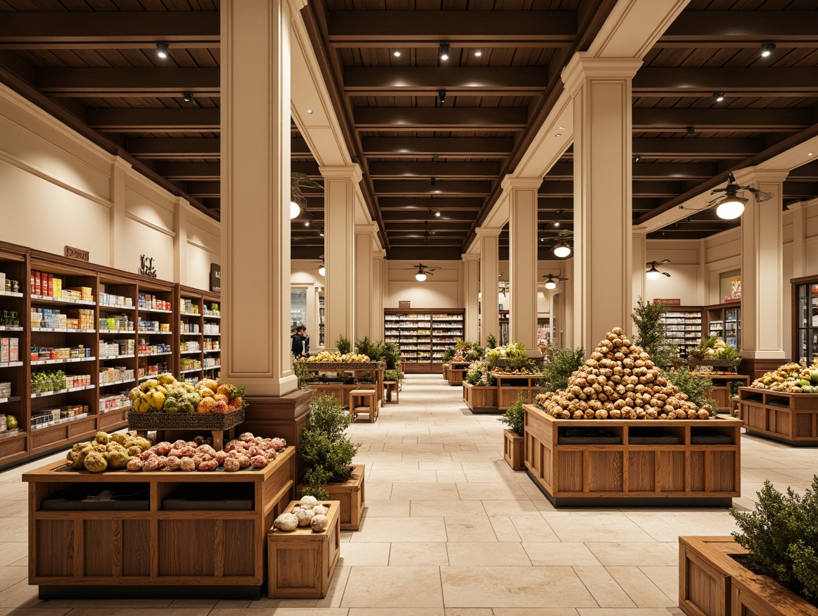 Prompt: Elegant grocery store interior, classic columns, ornate moldings, warm beige tones, polished wooden shelves, decorative metal accents, soft warm lighting, pendant lamps, recessed ceiling lights, subtle color temperature shifts, ambient occlusion, natural stone flooring, traditional checkout counters, vintage-inspired signage, rustic wood crates, fresh produce displays, pyramidal food arrangements, warm inviting atmosphere, 1/2 composition, realistic textures, moderate depth of field.