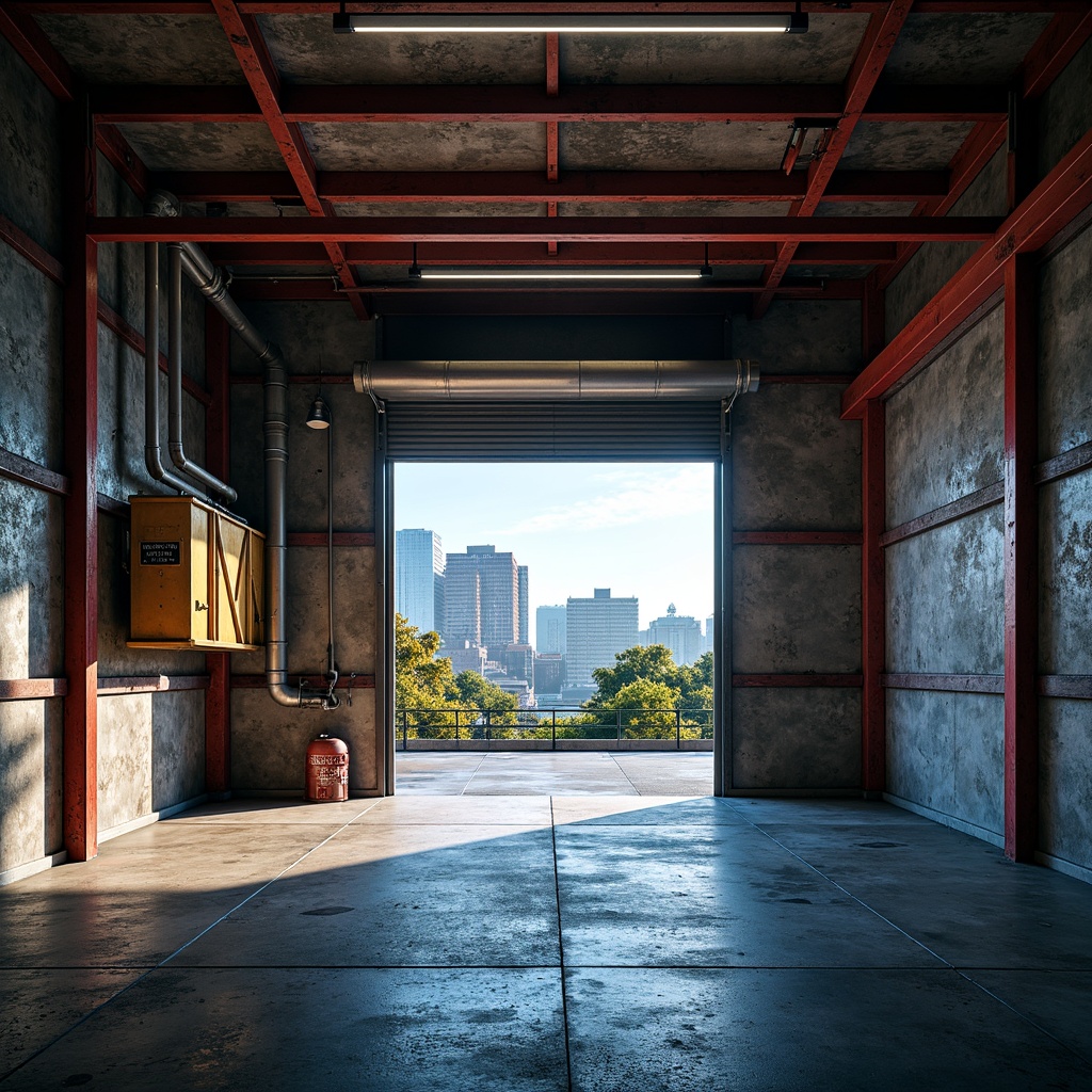 Prompt: Industrial-style garage, metal beams, concrete floors, bright overhead lighting, bold color scheme, deep blues, rich reds, metallic silvers, warm neutrals, earthy tones, rugged textures, distressed finishes, urban landscape, cityscape views, morning light, high contrast ratio, cinematic composition, dramatic shadows, realistic reflections.