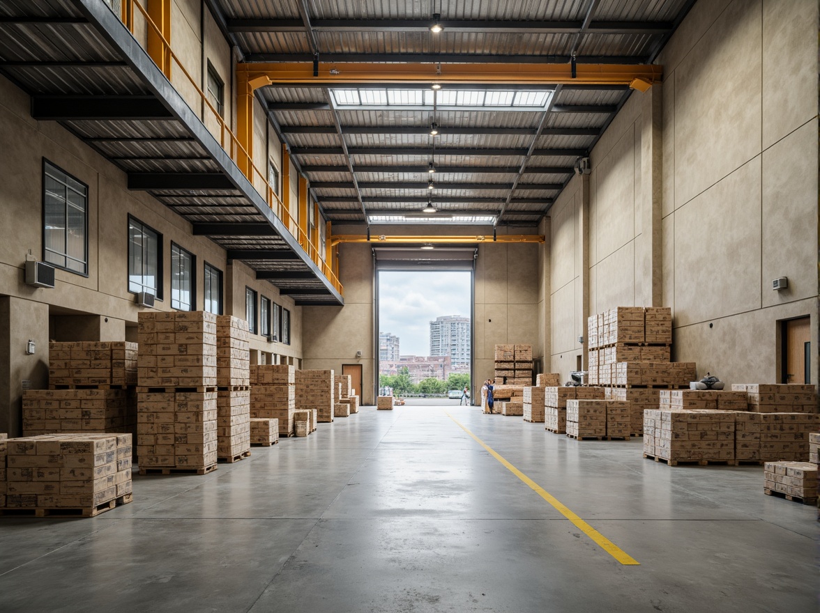 Prompt: Industrial distribution center, functional layout, neutral color scheme, beige concrete walls, steel beams, polished metal floors, minimal decor, task-oriented lighting, overhead crane systems, warehouse shelving, pallet racks, modern industrial architecture, urban landscape, cloudy day, soft diffused lighting, shallow depth of field, 1/1 composition, realistic textures, ambient occlusion.