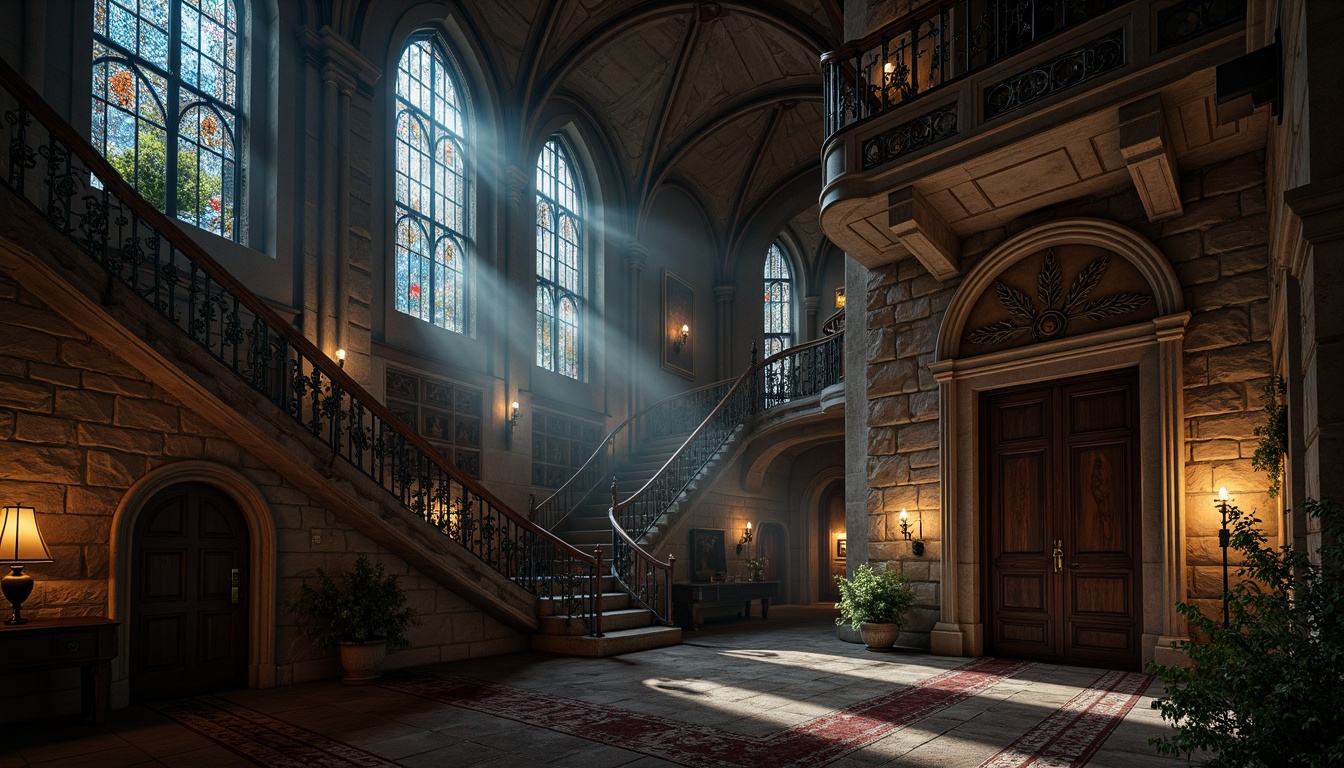 Prompt: Intricate stone carvings, grandiose Gothic arches, ornate ironwork balusters, curved wooden handrails, lavish tapestries, mystical stained glass windows, dimly lit lanterns, atmospheric fog effects, dramatic spotlights, weathered stone walls, rustic wooden floors, mysterious crypt-like atmosphere, eerie shadows, 1/2 composition, cinematic lighting, detailed textures, ambient occlusion.