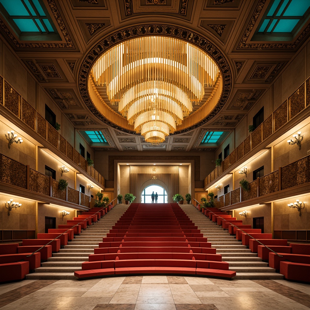 Prompt: Vibrant art deco amphitheater, luxurious golden accents, rich turquoise hues, bold crimson reds, deep navy blues, metallic silver details, ornate geometric patterns, lavish marble floors, grand staircases, opulent chandeliers, warm beige stone walls, dramatic spotlights, 3/4 composition, low-angle shot, cinematic lighting, realistic reflections.