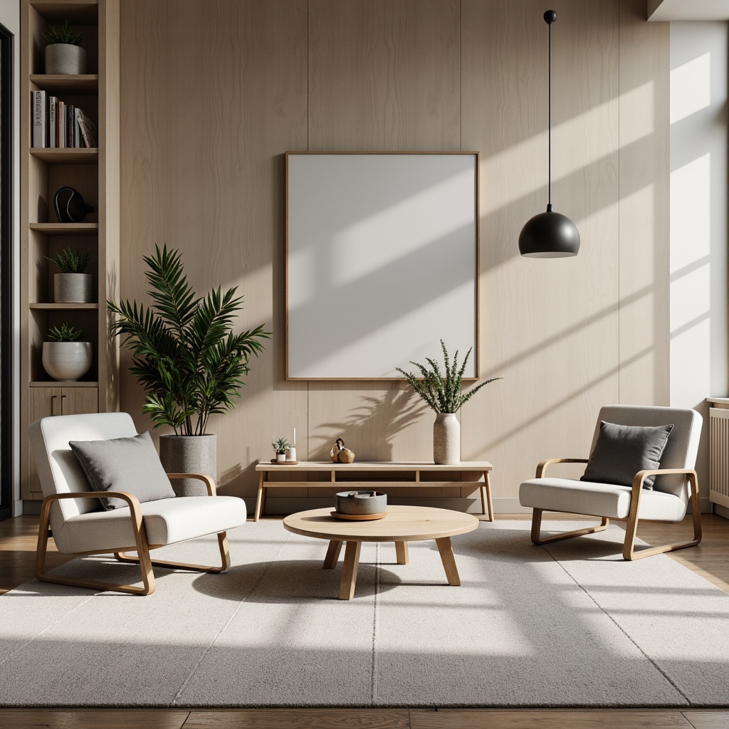 Prompt: Monochromatic interior, sleek lines, Scandinavian influence, low-profile furniture, minimalist decor, pale wood tones, matte black accents, geometric shapes, hidden storage, clutter-free spaces, natural light, soft diffused shadows, 1/1 composition, symmetrical arrangement, calm atmosphere, subtle textures, ambient lighting, warm beige colors, industrial-chic materials.