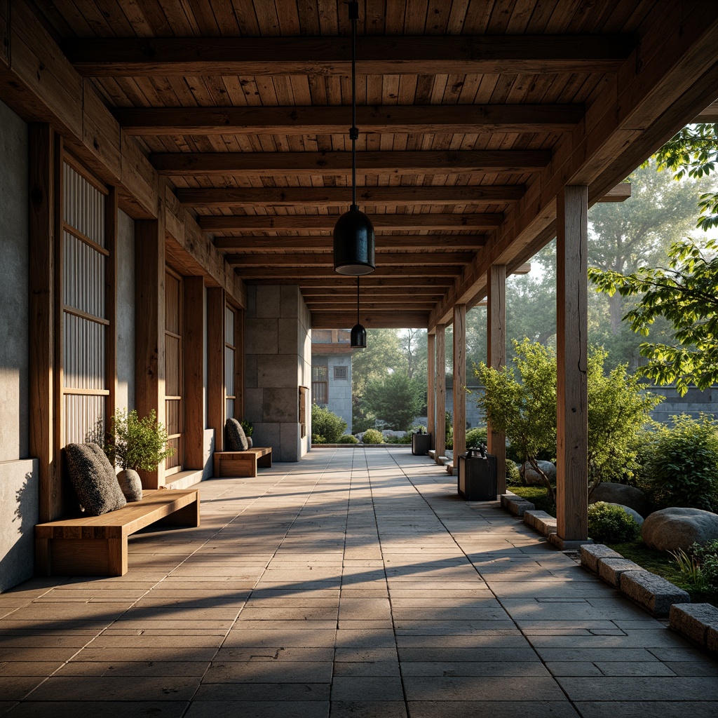 Prompt: Ancient Japanese temple, distressed wooden beams, rusty metal accents, reclaimed wood flooring, vintage industrial machinery, exposed brick walls, natural stone lanterns, minimalist zen garden, moss-covered stone pathways, traditional shoji screens, sliding doors, warm ambient lighting, subtle misting effect, 1/1 composition, dramatic shadows, cinematic atmosphere, worn concrete textures, eclectic mix of old and new.