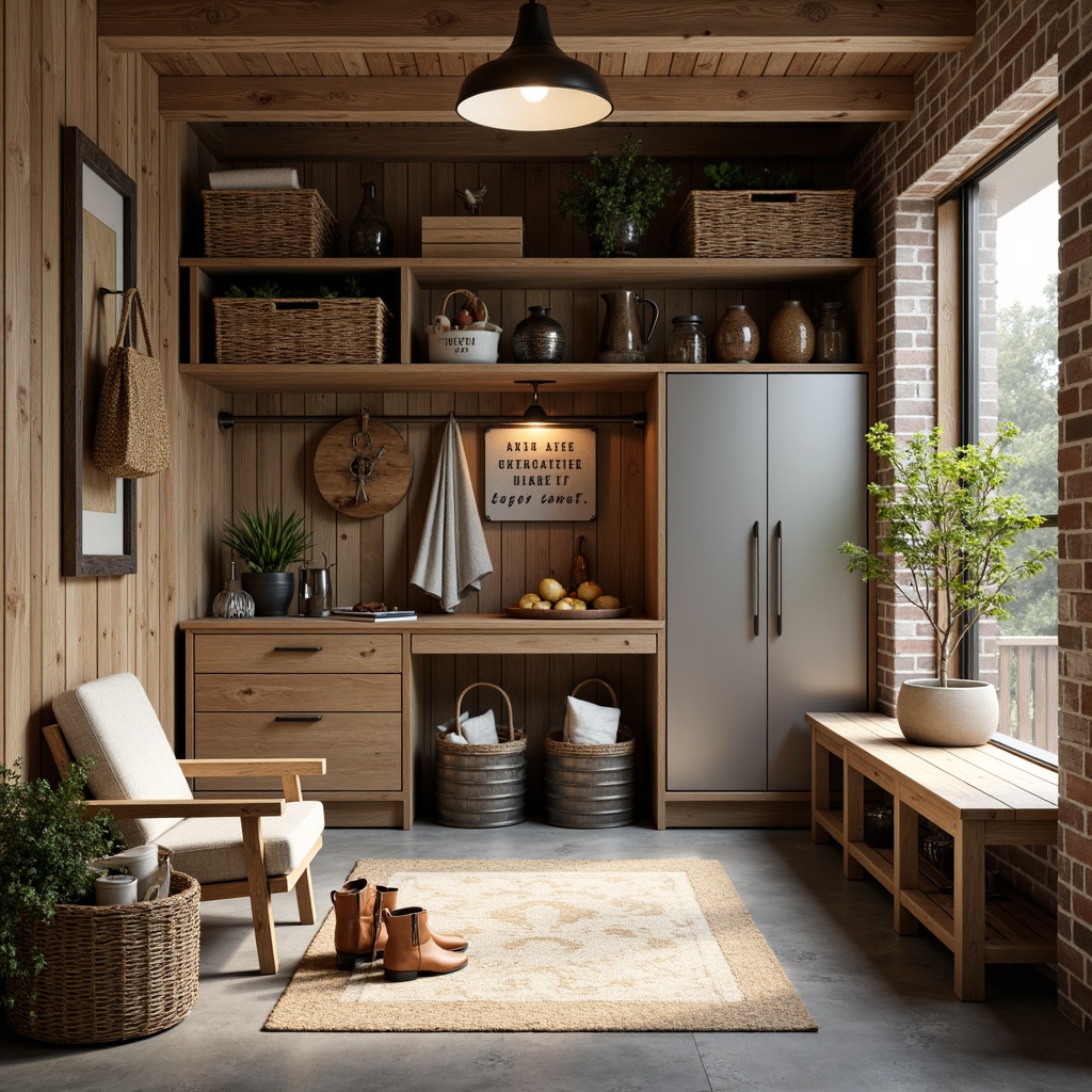 Prompt: Rustic mudroom, natural wood accents, earthy color palette, woven baskets, wooden crates, vintage metal signs, distressed finishes, farmhouse-inspired decor, open shelving units, industrial-style lighting, concrete floors, exposed brick walls, modern minimalist storage systems, sleek metal cabinets, sliding barn doors, nature-inspired textiles, organic shapes, soft warm lighting, shallow depth of field, 3/4 composition, realistic textures, ambient occlusion.