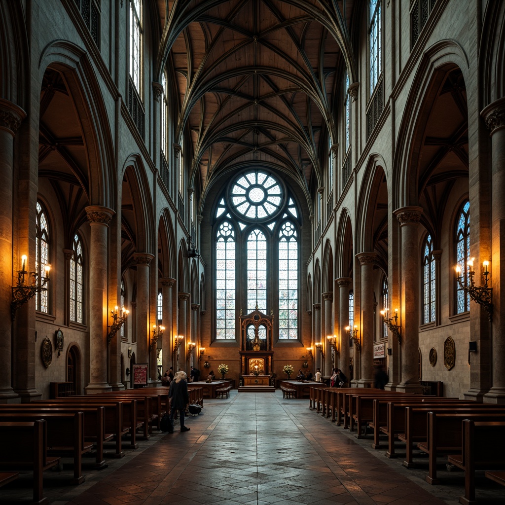 Prompt: Elegant cathedral, soaring vaulted ceilings, grandiose stained glass windows, ornate steel beams, intricate stone carvings, mysterious ambiance, warm candlelight, dramatic shadows, ribbed arches, flying buttresses, majestic pillars, pointed towers, mystical atmosphere, soft ethereal lighting, 1/2 composition, symmetrical framing, realistic textures, ambient occlusion.