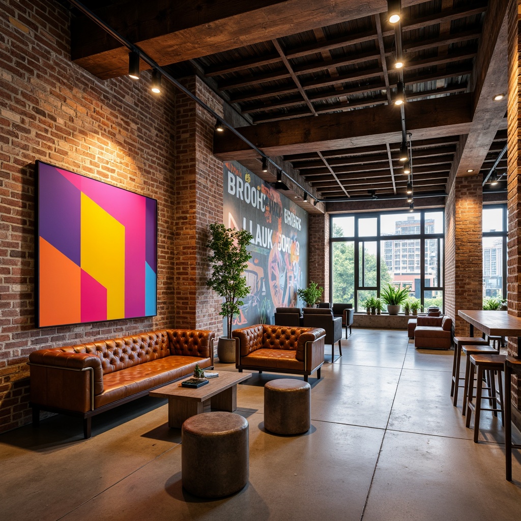 Prompt: Exposed brick walls, industrial metal beams, reclaimed wood accents, modern minimalist lighting, vibrant color blocking, eclectic artwork, distressed leather sofas, bold geometric patterns, metallic stools, urban graffiti, dynamic angular shapes, open floor plan, natural stone flooring, polished concrete surfaces, floor-to-ceiling windows, industrial-style lamps, edgy architectural details, youthful energetic atmosphere, warm cozy nooks, collaborative workspaces, interactive technology integration, futuristic media installations.