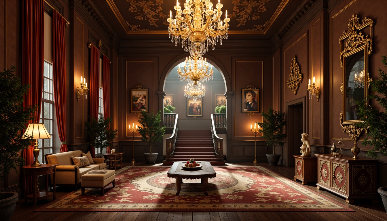 Prompt: Ornate chandeliers, crystal droplets, golden accents, velvet drapes, lavish furnishings, intricate carvings, ornamental mirrors, grandiose staircases, luxurious fabrics, richly patterned rugs, warm soft lighting, subtle shading, dramatic spotlighting, 3/4 composition, shallow depth of field, realistic textures, ambient occlusion.