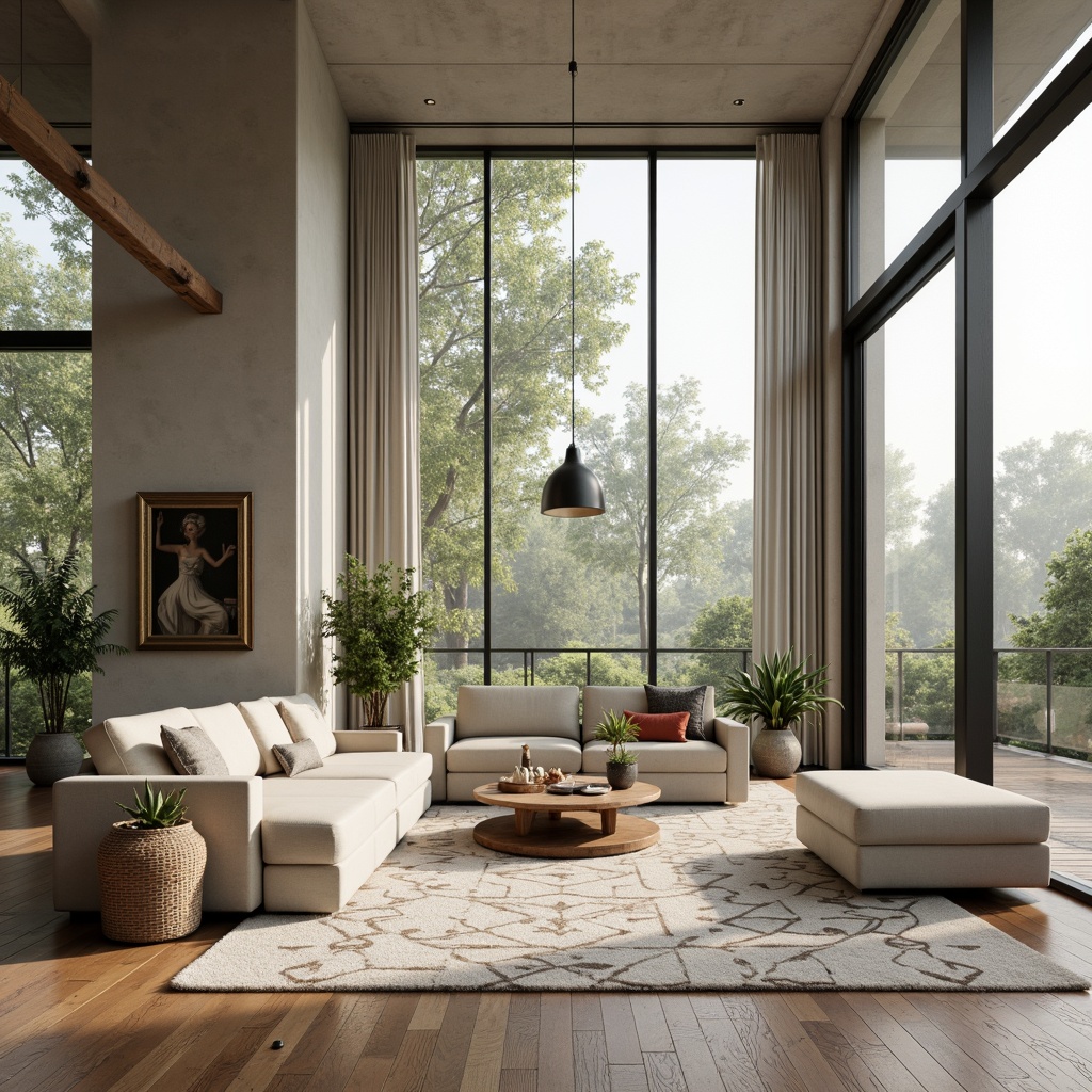 Prompt: Minimalist living room, abundant natural light, floor-to-ceiling windows, sliding glass doors, sleek wooden floors, low-profile furniture, neutral color palette, textured rugs, potted greenery, geometric patterns, industrial-chic lighting fixtures, soft warm ambiance, 1/1 composition, shallow depth of field, realistic textures, ambient occlusion.