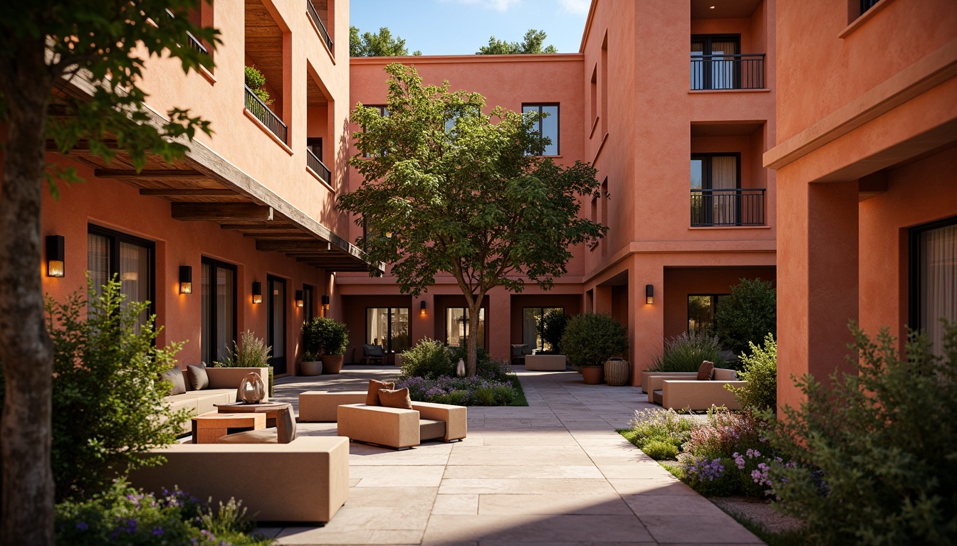 Prompt: Vibrant persimmon-hued buildings, warm earthy tones, natural stone walls, rustic wooden accents, lush greenery, blooming flowers, cozy outdoor seating areas, lantern-style lighting fixtures, soft warm glow, shallow depth of field, 1/2 composition, realistic textures, ambient occlusion.