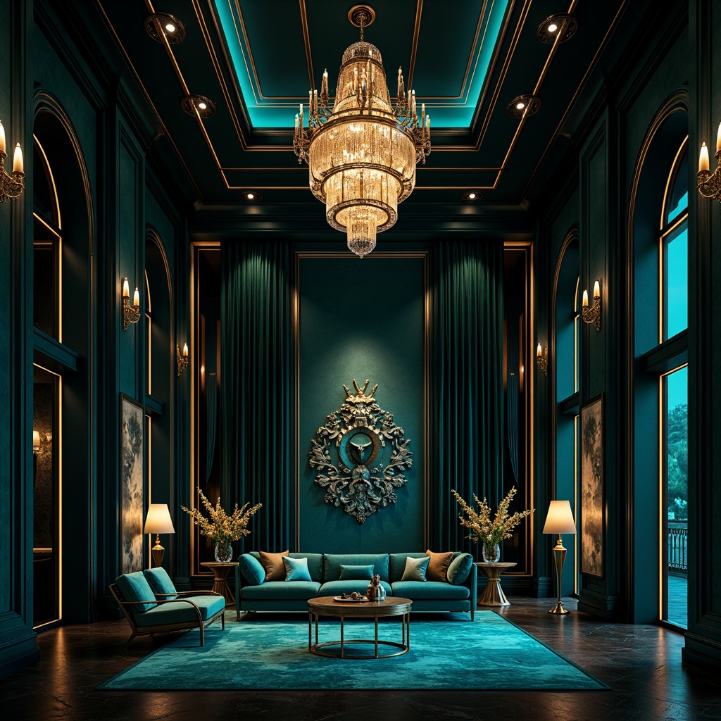 Prompt: Dark cyan elegance, luxurious velvet fabrics, rich jewel-toned accents, mysterious shadowy atmosphere, ornate golden details, lavish crystal chandeliers, dramatic curtain draping, sleek black marble floors, sophisticated modern architecture, bold geometric patterns, metallic sheen, moody low-key lighting, cinematic depth of field, 1/1 composition, realistic reflections, ambient occlusion.